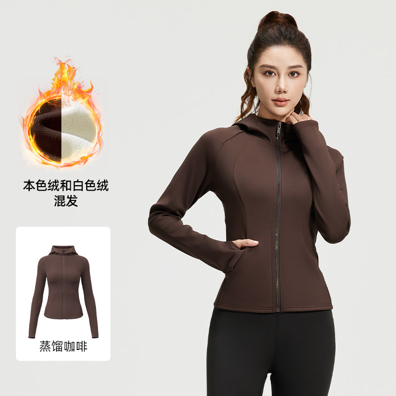 Autumn and Winter Velvet Yoga Jacket To Keep Warm and Slim Waist Women's Fitness Thickened Hooded Yoga Clothing