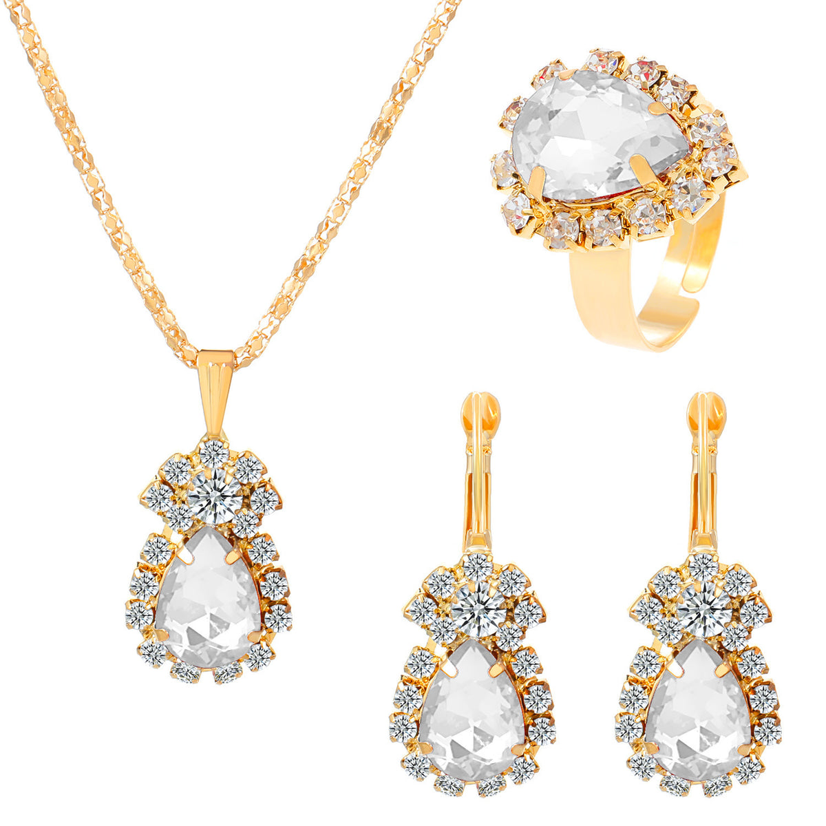 XP17 European and American Ins Water Drop Jewelry Set, Personalized Fashion Color Rhinestone Necklace, Earrings, Ring Set New