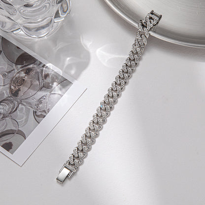 Korean Version of Hip-hop Personality Full Diamond Cuban Bracelet, Niche Design Wholesale Couple Men's and Women's Titanium Steel Bracelet Does Not Fade