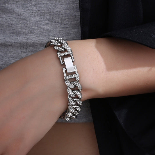 Korean Version of Hip-hop Personality Full Diamond Cuban Bracelet, Niche Design Wholesale Couple Men's and Women's Titanium Steel Bracelet Does Not Fade