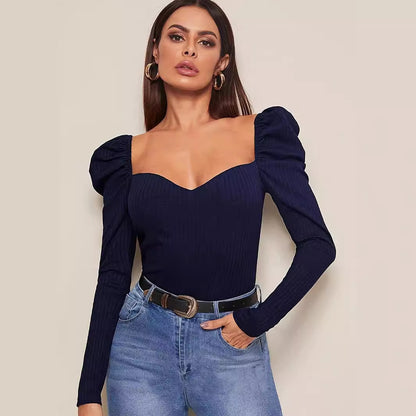 Foreign Trade Cross-border Amazon Bubble Long-sleeved Women's Clothing Pullover One-word Collar Solid Color Slim-fit T-shirt