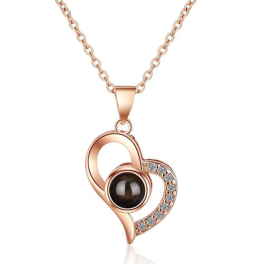 Europe and the United States hot-selling love oblique peach heart necklace 100 languages I love you simple collarbone chain picture customization