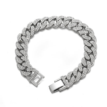 Korean Version of Hip-hop Personality Full Diamond Cuban Bracelet, Niche Design Wholesale Couple Men's and Women's Titanium Steel Bracelet Does Not Fade