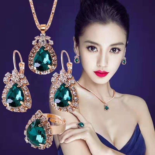 XP17 European and American Ins Water Drop Jewelry Set, Personalized Fashion Color Rhinestone Necklace, Earrings, Ring Set New