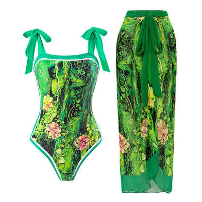 2025 European and American Foreign Trade One-piece Bikini Three-piece Suit Conservative Beach Skirt Chiffon Wrap Skirt Hot Spring Swimsuit Women
