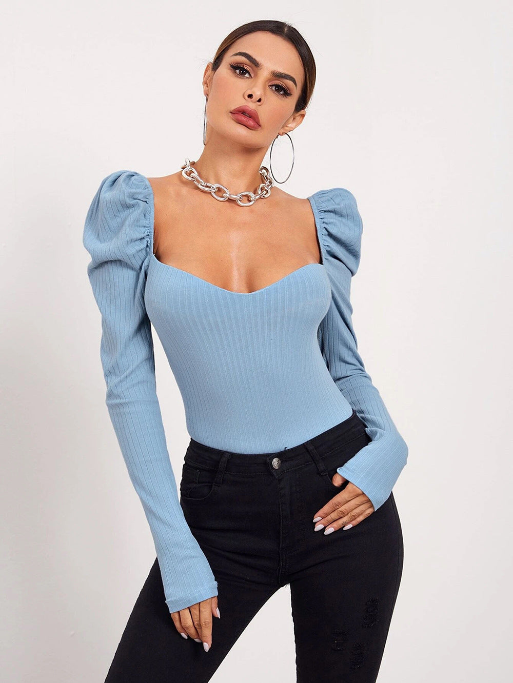 Foreign Trade Cross-border Amazon Bubble Long-sleeved Women's Clothing Pullover One-word Collar Solid Color Slim-fit T-shirt