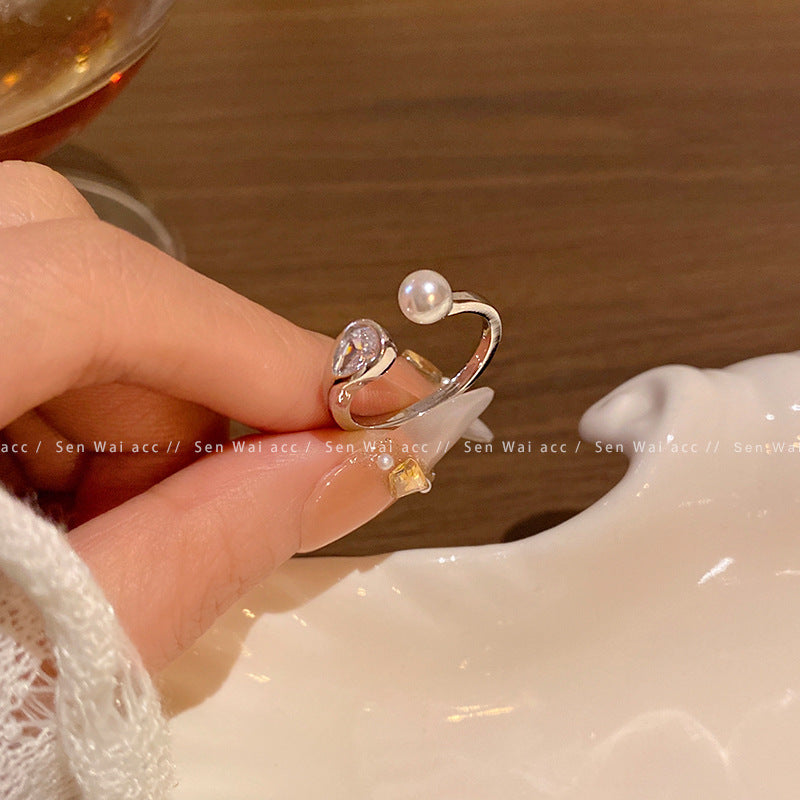 Korean Light Luxury High-end Zircon Pearl Ring Women's Retro Niche Design Bow Ring Ring Open Jewelry