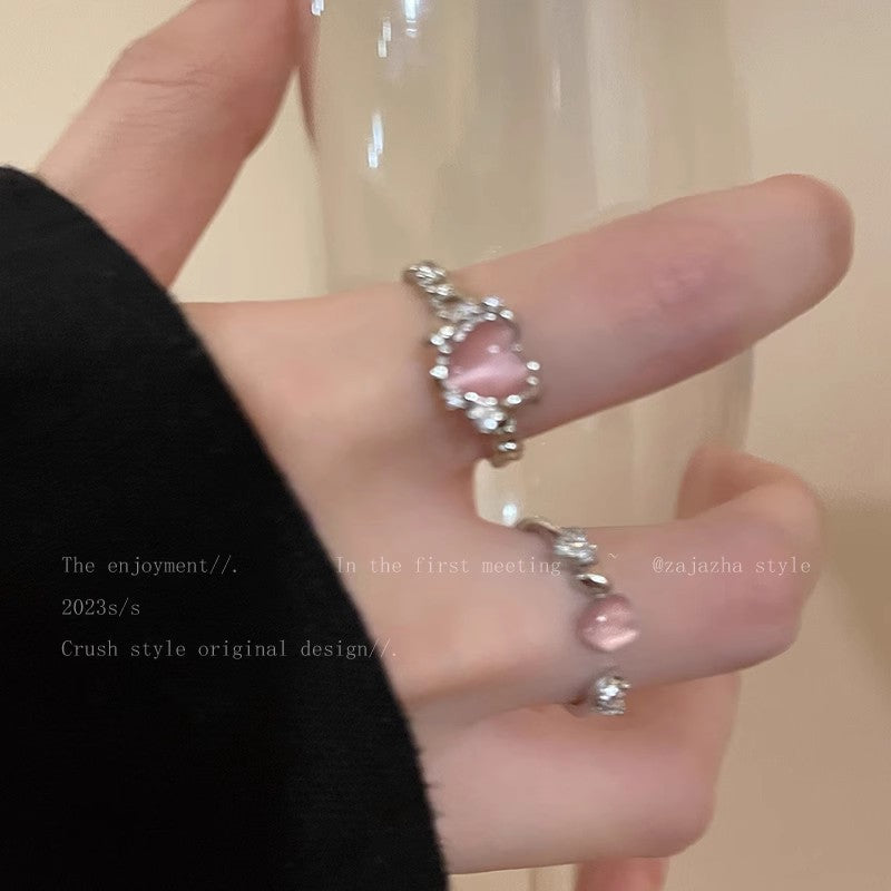 Korean Light Luxury High-end Zircon Pearl Ring Women's Retro Niche Design Bow Ring Ring Open Jewelry