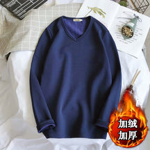 Men's Fleece Thickened Long-sleeved T-shirt Crew Neck Autumn Slim-fit Bottoming Shirt Winter Solid Color Warm T-shirt on Clothes