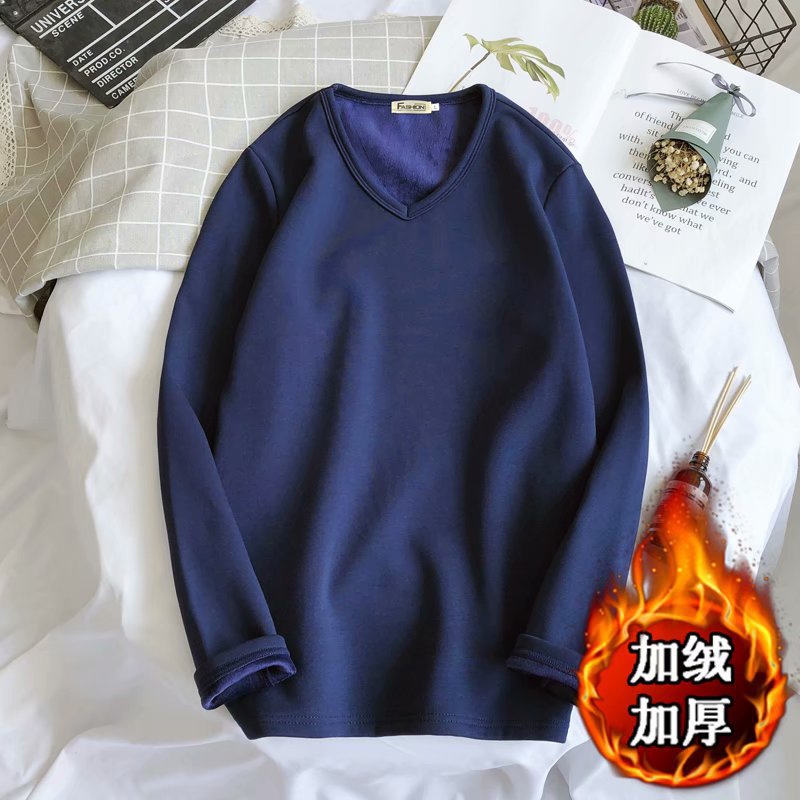 Men's Fleece Thickened Long-sleeved T-shirt Crew Neck Autumn Slim-fit Bottoming Shirt Winter Solid Color Warm T-shirt on Clothes