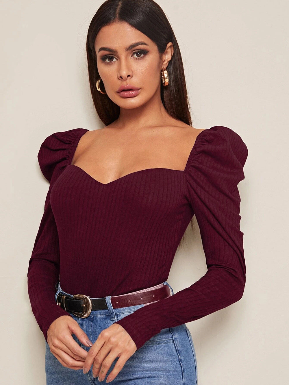 Foreign Trade Cross-border Amazon Bubble Long-sleeved Women's Clothing Pullover One-word Collar Solid Color Slim-fit T-shirt