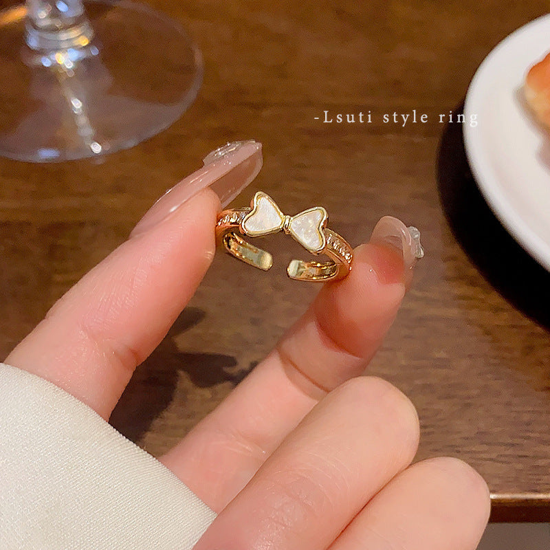 Korean Light Luxury High-end Zircon Pearl Ring Women's Retro Niche Design Bow Ring Ring Open Jewelry