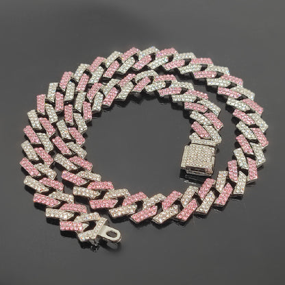 Explosive 15mm Small Flip Hiphop Pink Blue Hip Hop Cuban Chain Quadrilateral Strip Prismatic Men's Necklace