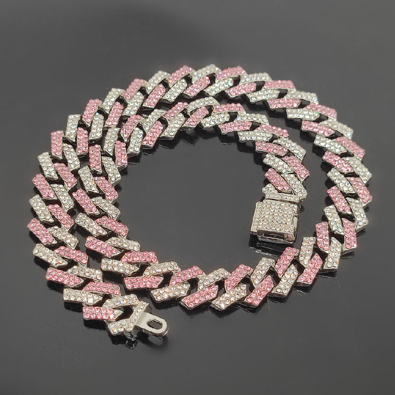 Explosive 15mm Small Flip Hiphop Pink Blue Hip Hop Cuban Chain Quadrilateral Strip Prismatic Men's Necklace