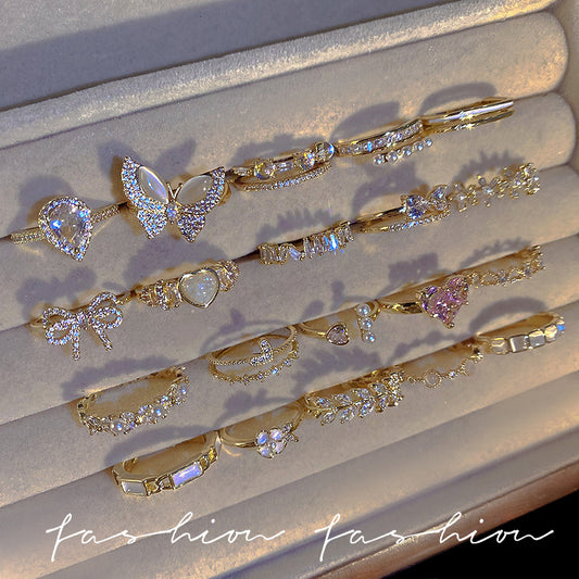 Korean Light Luxury High-end Zircon Pearl Ring Women's Retro Niche Design Bow Ring Ring Open Jewelry