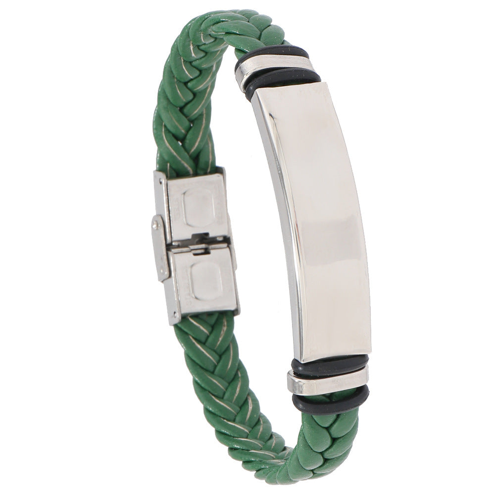 European and American Stainless Steel Simple Bracelet, Light Plate Lettering Leather Woven Bracelet, Men's Bracelet Factory Direct Sales