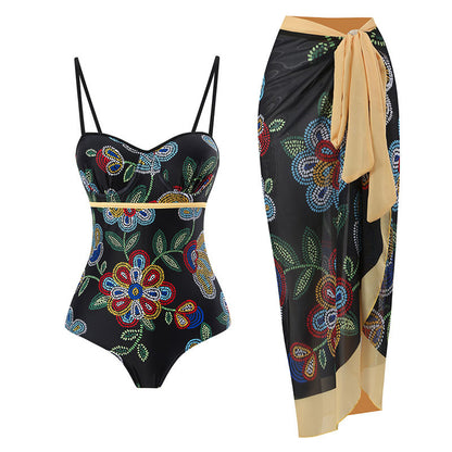 2025 European and American Foreign Trade One-piece Bikini Three-piece Suit Conservative Beach Skirt Chiffon Wrap Skirt Hot Spring Swimsuit Women