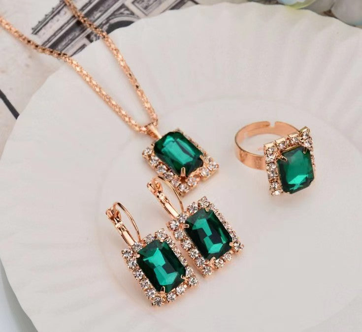 XP17 European and American Ins Water Drop Jewelry Set, Personalized Fashion Color Rhinestone Necklace, Earrings, Ring Set New