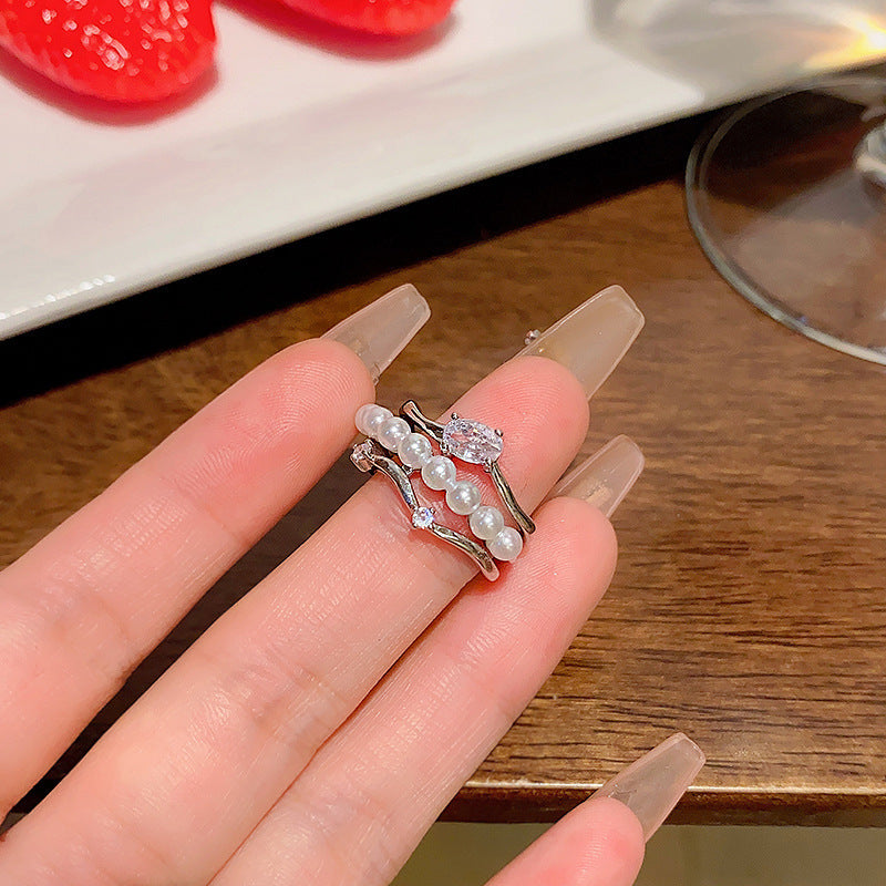 Korean Light Luxury High-end Zircon Pearl Ring Women's Retro Niche Design Bow Ring Ring Open Jewelry
