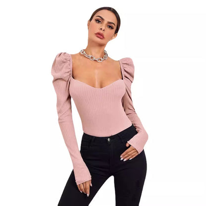 Foreign Trade Cross-border Amazon Bubble Long-sleeved Women's Clothing Pullover One-word Collar Solid Color Slim-fit T-shirt