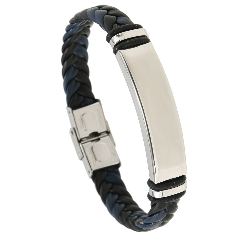 European and American Stainless Steel Simple Bracelet, Light Plate Lettering Leather Woven Bracelet, Men's Bracelet Factory Direct Sales