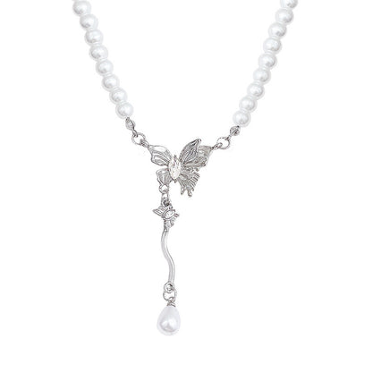 Korean New Pearl Butterfly Necklace Women's High-end Light Luxury Niche Versatile Sweater Chain Autumn and Winter Popular Accessories