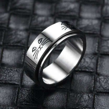 Hip-hop Fashion Cat Rotatable Titanium Steel Ring Temperament Popular Couple Ring Cross-border Amazon Decompression Jewelry