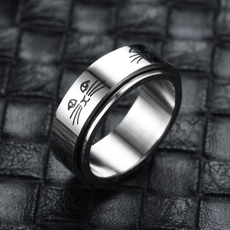 Hip-hop Fashion Cat Rotatable Titanium Steel Ring Temperament Popular Couple Ring Cross-border Amazon Decompression Jewelry
