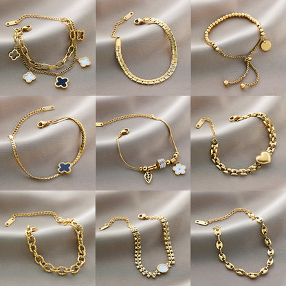 Warm Jian Does Not Fade Cross-border Hot-selling Titanium Steel Bracelet Women's Five-leaf Clover with Diamonds Ins Wind Personality 18K Vacuum Plating