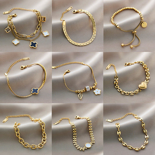 Warm Jian Does Not Fade Cross-border Hot-selling Titanium Steel Bracelet Women's Five-leaf Clover with Diamonds Ins Wind Personality 18K Vacuum Plating