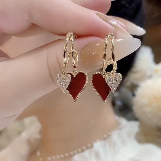 The New Popular Simple Temperament Red Love Earrings Temperament Four Seasons Earrings Light Luxury Niche Design Sense