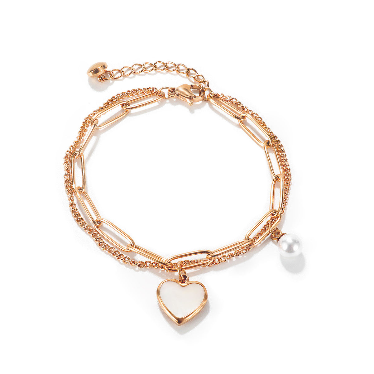 Jewelry Fashion Niche Design Cold Wind Personality Double Temperament Versatile Peach Heart Pearl Stainless Steel Bracelet