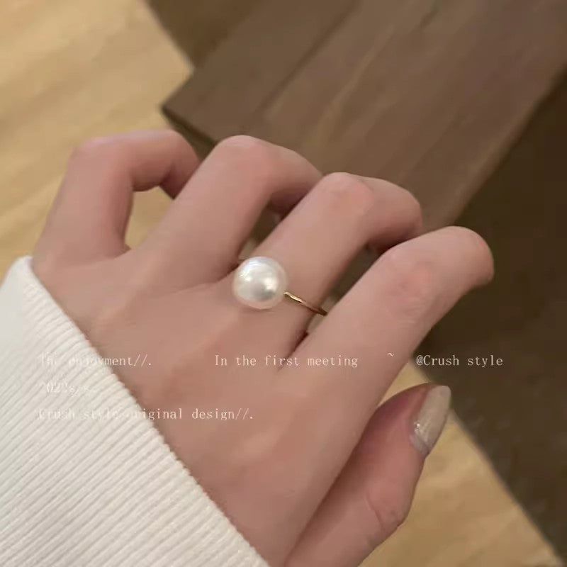 Korean Light Luxury High-end Zircon Pearl Ring Women's Retro Niche Design Bow Ring Ring Open Jewelry