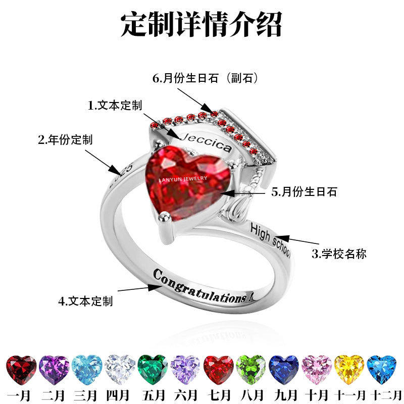 2025 New Cross-border Independent Station Graduation Commemorative Scholar Hat Women's Love Birthstone Ring Ring Customization