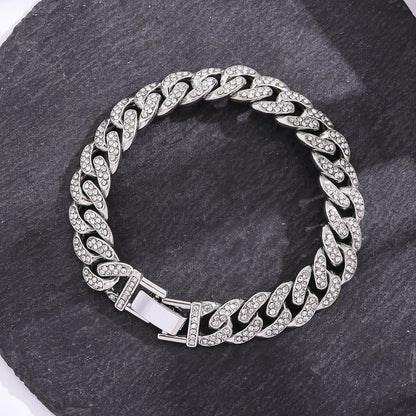 Korean Version of Hip-hop Personality Full Diamond Cuban Bracelet, Niche Design Wholesale Couple Men's and Women's Titanium Steel Bracelet Does Not Fade