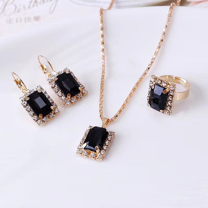 XP17 European and American Ins Water Drop Jewelry Set, Personalized Fashion Color Rhinestone Necklace, Earrings, Ring Set New