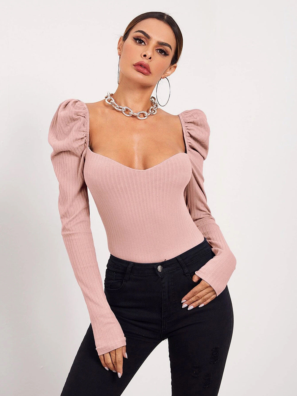 Foreign Trade Cross-border Amazon Bubble Long-sleeved Women's Clothing Pullover One-word Collar Solid Color Slim-fit T-shirt