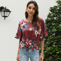 Summer Clearance Amazon Round Neck Short-sleeved Printed T-shirt Ripped Open Shoulder Short-sleeved European Beautiful Women's Top Spot