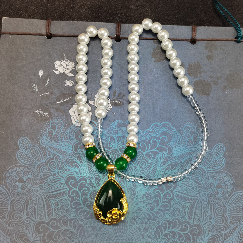 New Chinese Summer Welfare Imitation Pearl Necklace Green Agate Pearl Clavicle Chain Send Mom Set Foreign Trade