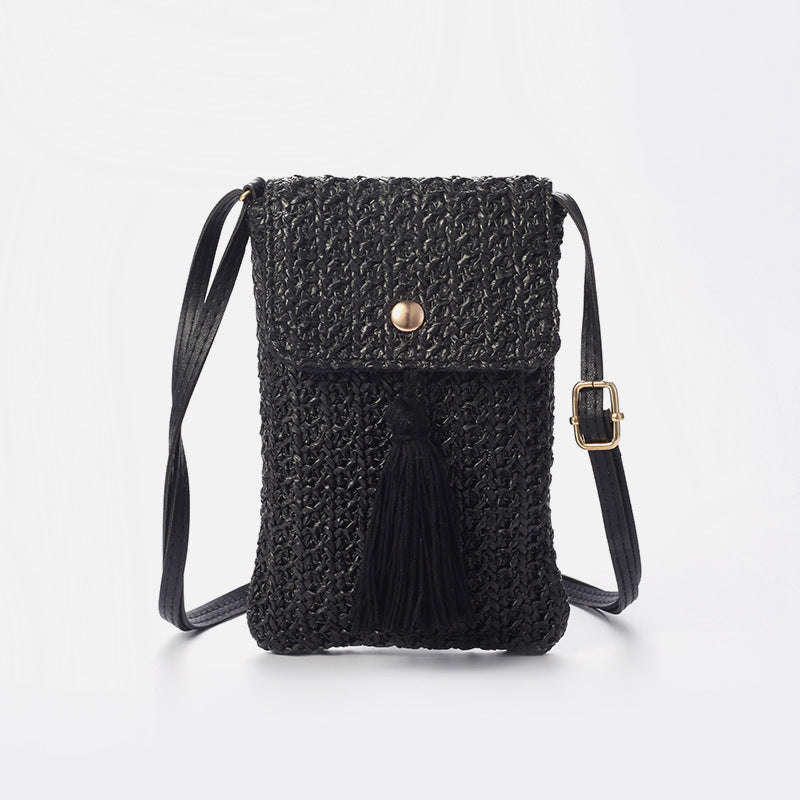Summer New Korean Ins European and American Fashion Mini Mobile Phone Oblique Span Bag Solid Color Straw Woven Foreign Trade Women's Bag