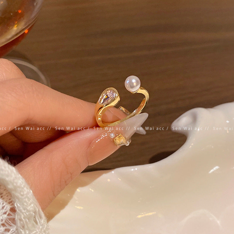 Korean Light Luxury High-end Zircon Pearl Ring Women's Retro Niche Design Bow Ring Ring Open Jewelry