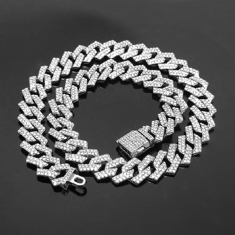 Explosive 15mm Small Flip Hiphop Pink Blue Hip Hop Cuban Chain Quadrilateral Strip Prismatic Men's Necklace