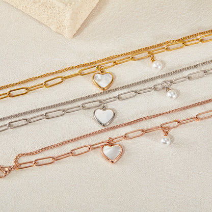 Jewelry Fashion Niche Design Cold Wind Personality Double Temperament Versatile Peach Heart Pearl Stainless Steel Bracelet