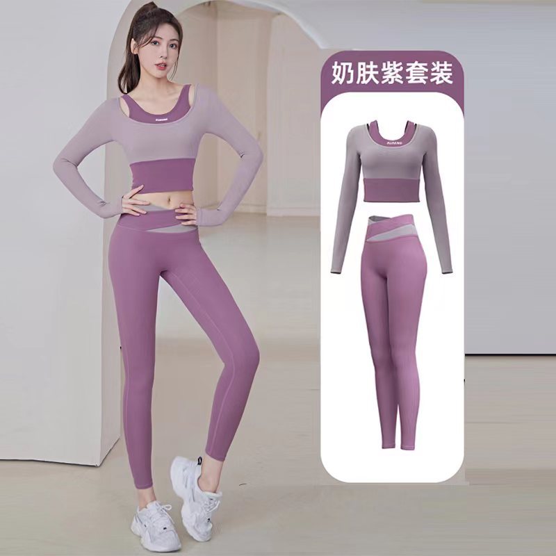 New Women's Running Fitness Tight Fake Two-piece Sports Top Set Long-sleeved Yoga Clothes