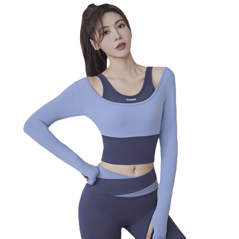 New Women's Running Fitness Tight Fake Two-piece Sports Top Set Long-sleeved Yoga Clothes