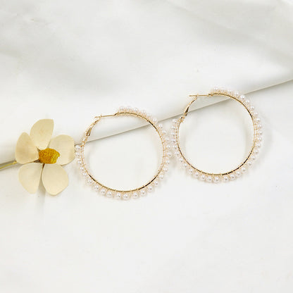 XP17 European and American  Explosion Fashion Geometric Large Circle Earrings Women's Pearl Winding Ear Buckle Exaggerated Temperament Ear