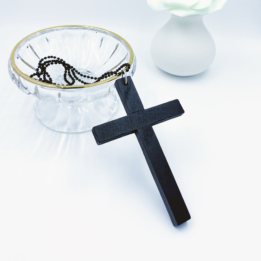 Hot-selling European and American Fashion Cross Necklaces, Wooden Simple and Versatile Sweater Chain Accessories, Spot Wholesale