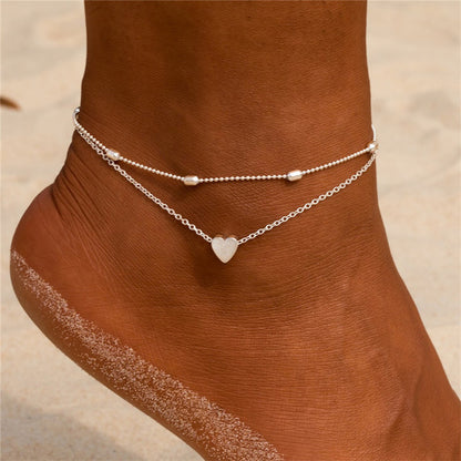 European and American New Anklet Fashion Round Bead Chain Multi-layer Love Alloy Women's Foot Jewelry Beach Anklet Cross-border Jewelry