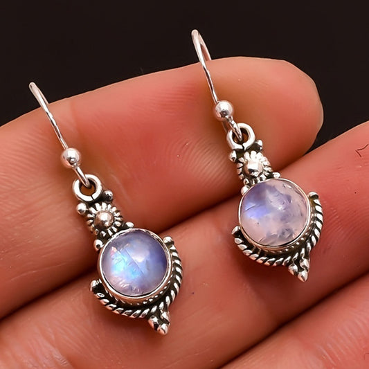 Hot Sale, New Moonstone Retro Earrings, European and American Fashion Imitation Thai Silver Seven Rainbows Gem Ear Hook Jewelry
