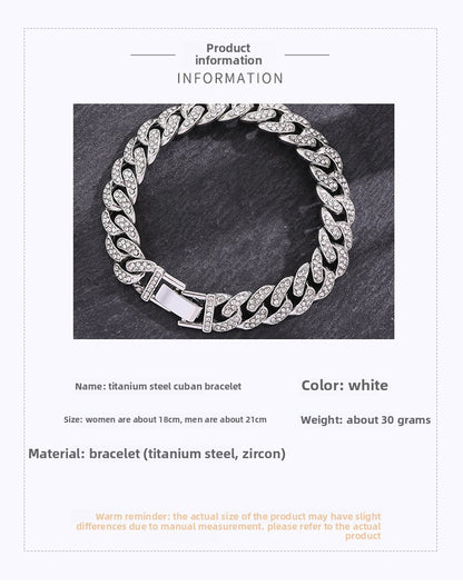 Korean Version of Hip-hop Personality Full Diamond Cuban Bracelet, Niche Design Wholesale Couple Men's and Women's Titanium Steel Bracelet Does Not Fade